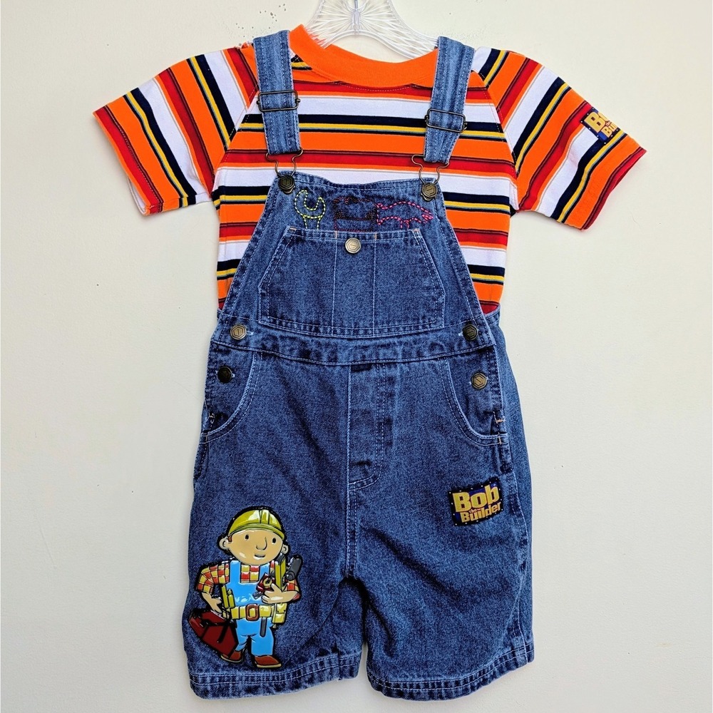 Vintage BOB THE BUILDER Denim‎ Overall Shorts & Shirt Outfit Y2K 2pc Set Size 4T